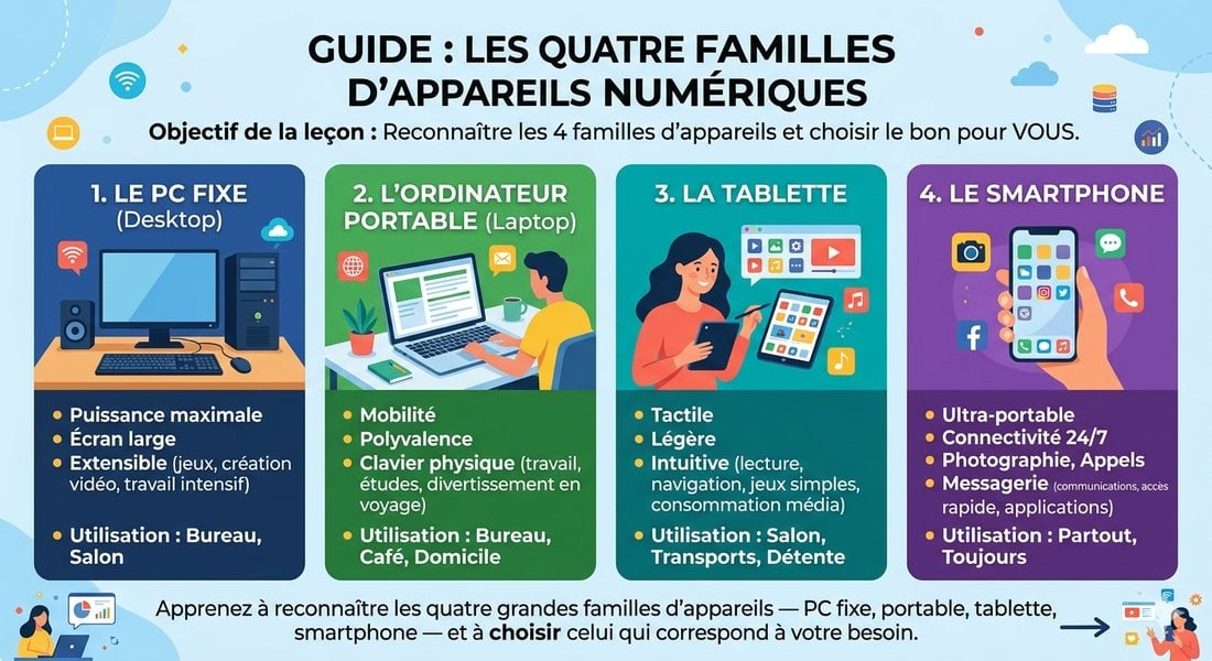 Les 4 familles d'appareils numériques : PC fixe, ordinateur portable, tablette, smartphone — caractéristiques et utilisations