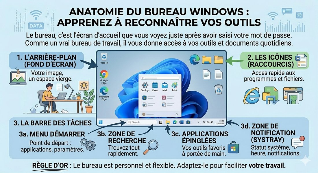 Schéma annoté du bureau Windows
