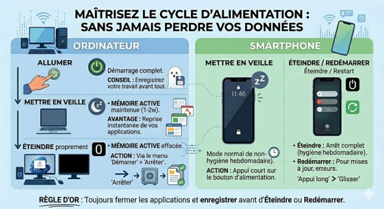 Schéma comparant ordinateur et smartphone pour Allumer, Mettre en veille, Éteindre, Redémarrer — règle d'or : enregistrer avant d'éteindre
