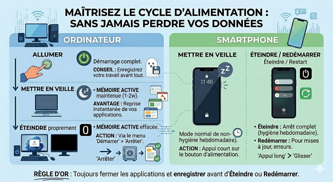 Schéma comparant ordinateur et smartphone : Allumer, Mettre en veille, Éteindre, Redémarrer — règle d'or : enregistrer avant d'éteindre