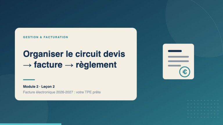 Illustration de la leçon « Organiser le circuit devis → facture → règlement » — Gestion & facturation