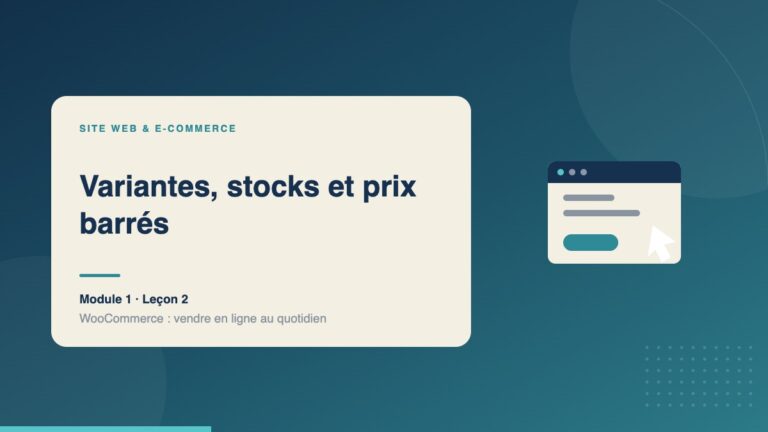 Illustration de la leçon « Variantes, stocks et prix barrés » — Site web & e-commerce