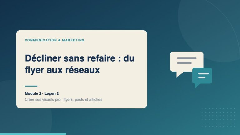 Illustration de la leçon « Décliner sans refaire : du flyer aux réseaux » — Communication & marketing