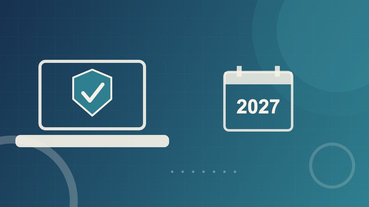 Illustration : ordinateur portable avec bouclier de sécurité et calendrier 2027, aux couleurs Num Compagny
