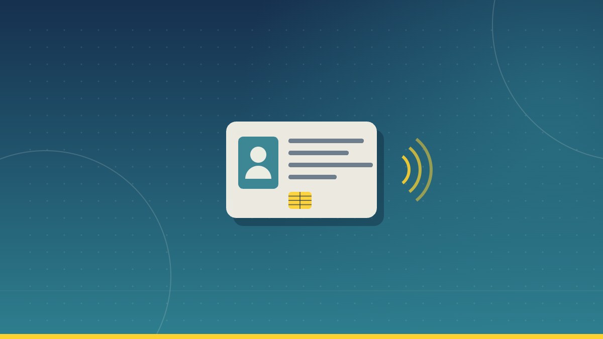 Illustration : carte d’identité à puce et ondes sans contact, dégradé navy et teal