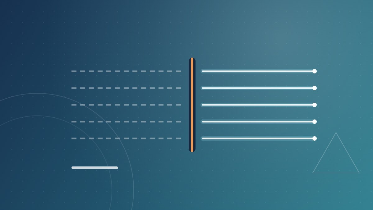 Illustration abstraite aux couleurs Num Compagny : des lignes en pointillés représentant le réseau cuivre s’interrompent sur une barre verticale, puis des traits lumineux continus figurent la fibre optique.