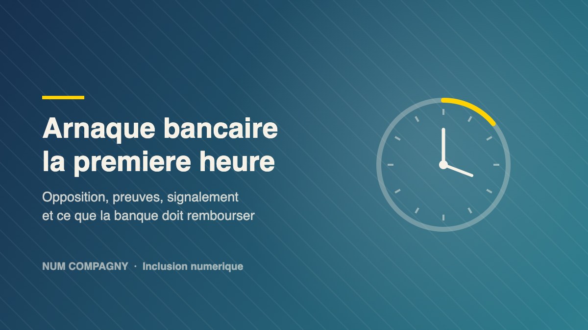 Illustration abstraite bleu marine et turquoise avec une horloge stylisee symbolisant la premiere heure apres une fraude bancaire