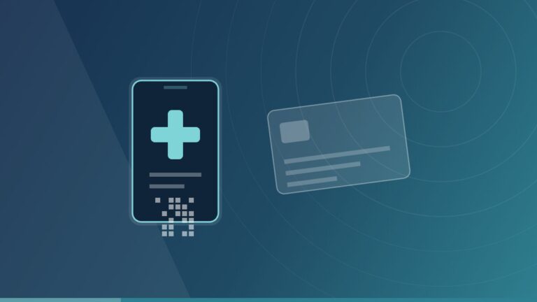 Illustration : un telephone affichant une croix de sante et un code, devant une carte de sante, sur fond degrade bleu marine et turquoise