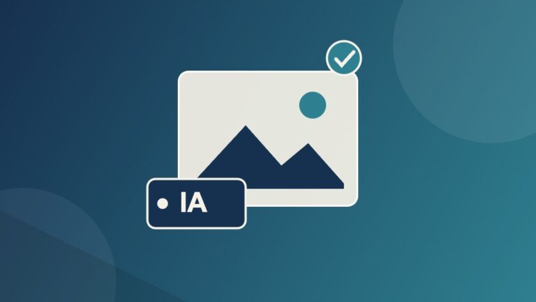 Illustration : une image encadrée portant une étiquette IA et un badge de validation, sur un dégradé bleu marine et bleu-vert