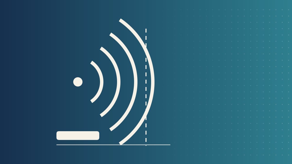 Ondes Wi-Fi traversant un mur en pointilles, sur un degrade navy vers teal aux couleurs de Num Compagny