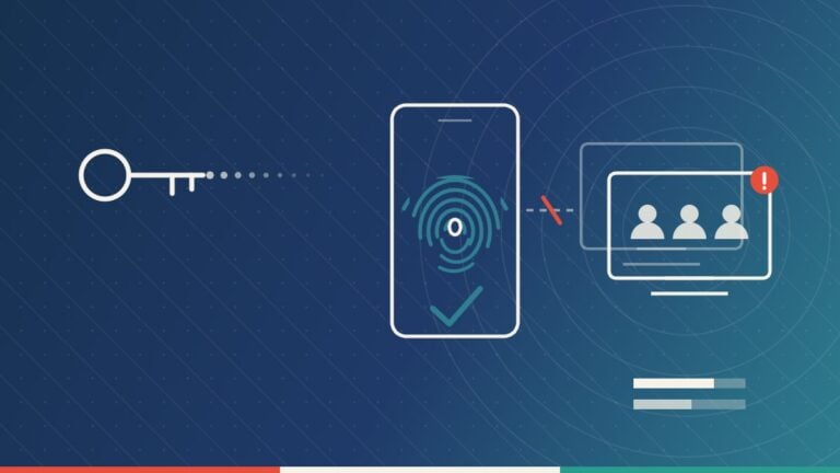 Illustration Num Compagny : une cle classique se dissout en points, un telephone affiche une empreinte digitale validee, et une fleche barree de rouge mene vers un ecran partage par trois personnes