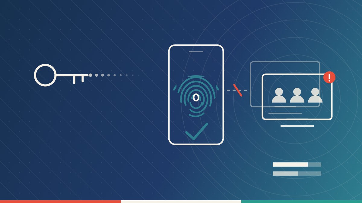 Illustration Num Compagny : une cle classique se dissout en points, un telephone affiche une empreinte digitale validee, et une fleche barree de rouge mene vers un ecran partage par trois personnes